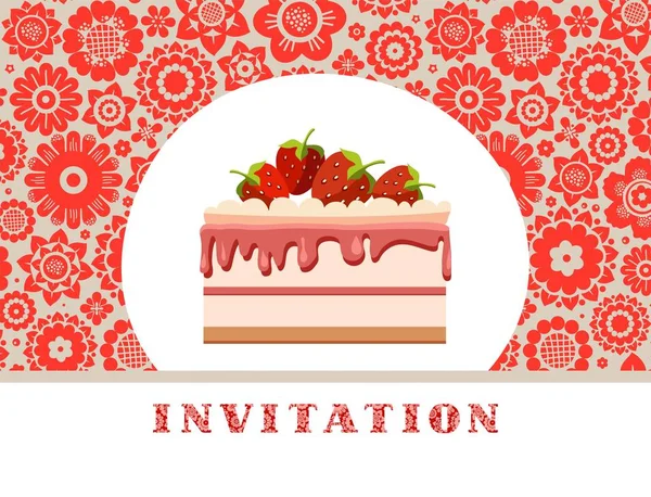 Invitación Pastel Fresa Gris Rojo Fondo Floral Vector Invitación Cumpleaños — Archivo Imágenes Vectoriales
