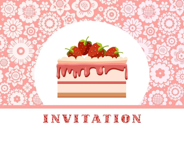 Invitación Pastel Fresa Rosa Fondo Floral Vector Invitación Cumpleaños Boda — Archivo Imágenes Vectoriales