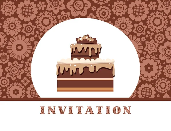 Invito Alla Festa Torta Cioccolato Sfondo Floreale Marrone Vettore Invito — Vettoriale Stock