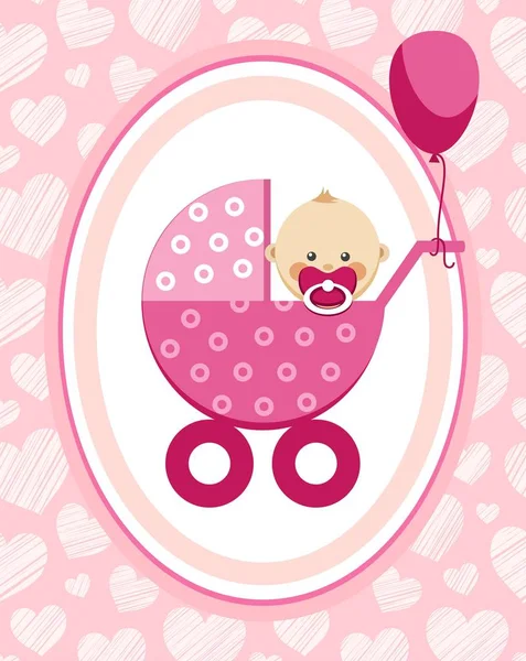 新生婴儿 粉红色的心 一个穿着粉红色推车的小女孩 一个粉红色的气球被绑在推车上 粉红色的心在粉红色的领域 — 图库矢量图片