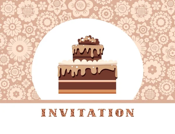 Invitación Fiesta Pastel Chocolate Fondo Floral Rosa Marrón Vector Invitación — Archivo Imágenes Vectoriales