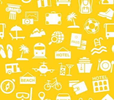 Seyahat, tatil, turizm, tatil, seamless modeli, tek renkli, sarı, vektör. Eğlence ve seyahat için yollar farklı türleri. Sarı zemin üzerinde beyaz resimleri. Vektör, tek renkli arka plan. 