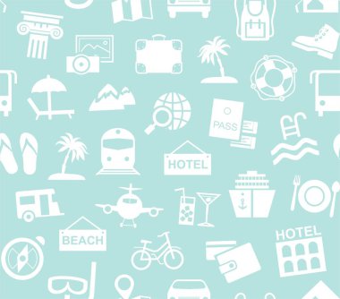 Seyahat, tatil, turizm, rekreasyon, seamless modeli, siyah-beyaz mavi, vektör. Eğlence ve seyahat için yollar farklı türleri. Bir ışık mavi alan beyaz resimleri. Vektör, tek renkli arka plan. 