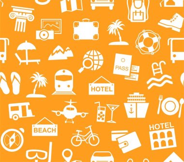 Seyahat, tatil, turizm, rekreasyon, seamless modeli, siyah-beyaz turuncu vektör. Eğlence ve seyahat için yollar farklı türleri. Beyaz resimler turuncu bir alan üzerinde. Vektör, tek renkli arka plan. 