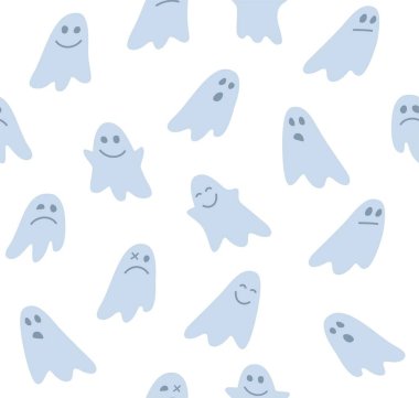 Hayaletler, kusursuz desen, beyaz, vektör. Renkli, düz arkaplan. Vektör resmi. Beyaz bir alanda mavi görüntüler. 