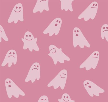 Hayaletler, kusursuz desen, pembe, vektör. Renkli, düz arkaplan. Vektör resmi. Pembe bir alanda pembe resimler. 