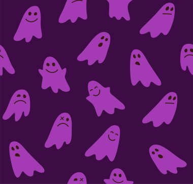 Hayaletler, kusursuz desen, mor, vektör. Renkli, düz arkaplan. Vektör resmi. Koyu bir alanda mor resimler. 