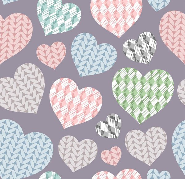 Knitted hearts, seamless pattern, blue, vector. Colorful hearts on a purple field. Simulation of knitted fabric. 