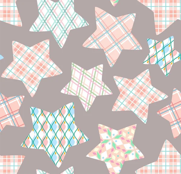 ピンクのチェックされた星 シームレスなパターン グレー ベクトル ピンクは灰色のフィールドに星をチェックしました ヴィンテージの装飾 Print — ストックベクタ