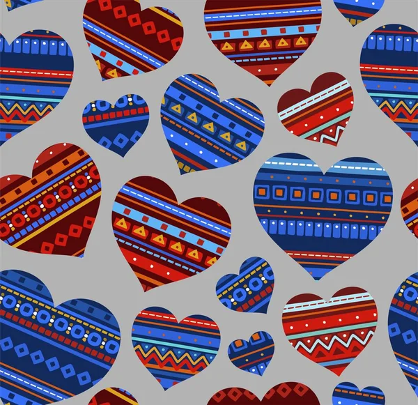 Сердце Этнический Орнамент Бесшовный Рисунок Серый Вектор Синие Красные Сердца — стоковый вектор
