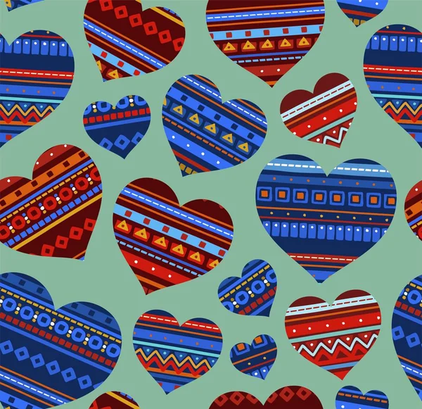 采购产品心脏 少数民族装饰 无缝图案 绿地上的蓝心和红心 古旧的装饰 纺织品印花 — 图库矢量图片