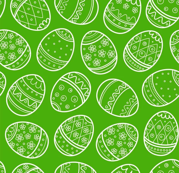 Easter Egg Seamless Pattern Monochrome Contour Green Thin Outline Drawing — Stock Vector