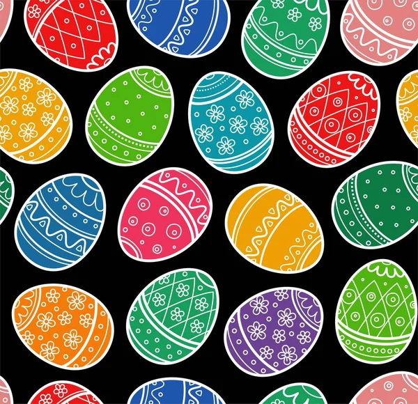 Пасхальный Узор Бесшовные Цветные Яйца Черный Фон Цветные Яйца Белым — стоковый вектор