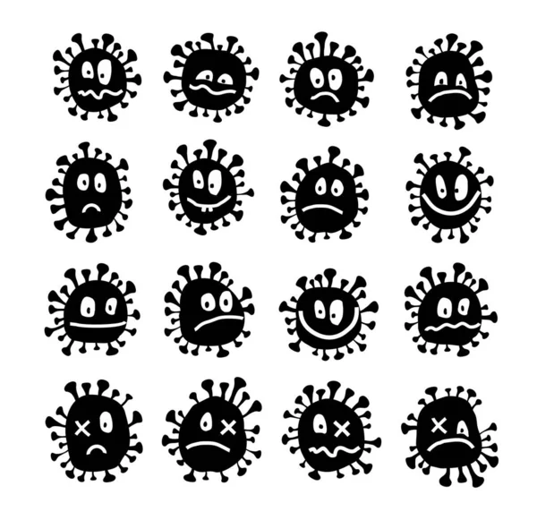 Virus Iconos Set Monocromo Emociones Graciosas Imágenes Negras Campo Blanco — Vector de stock