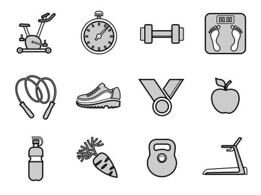Spor, fitness, ikon, set, doğrusal, gri. Beyaz bir alanda çokgen görüntüler. Egzersiz aletleri. Vektör resimleri. 