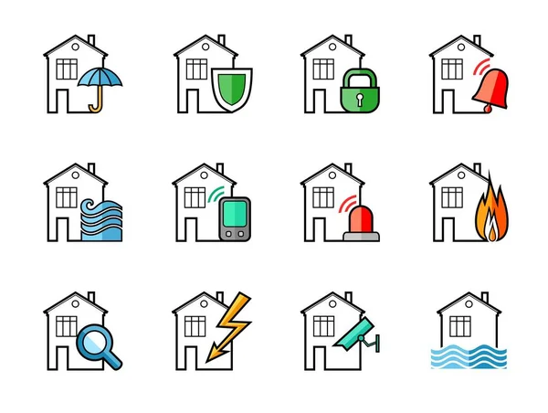 Alarma Iconos Set Dibujo Línea Color Seguro Hogar Propiedad Casa Gráficos Vectoriales