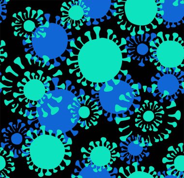 Virüs, kusursuz desen, renk, siyah. Virüs soyu. Siyah bir alanda yeşil ve mavi düz görüntüler. Vektör resmi. 