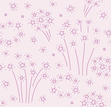 Havai fişekler, pürüzsüz desen, pembe. Pembe bir tarlaya saçılmış yıldızlar. İnce hatlı çizim. Tatil günü. Vektör. 