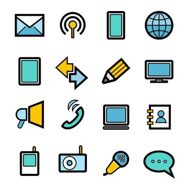 İletişim araçları, simgeler, set, renk. Modern iletişim. Siyah çizgili renkli resimler. Vektör resimleri. 