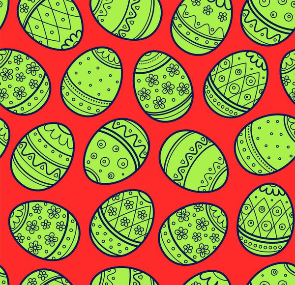 Easter pattern, seamless, green eggs, red background. The flat pattern. Illustration. Vector image. 