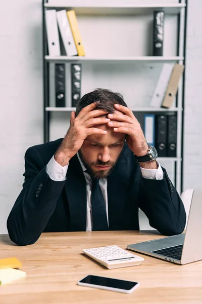 Portrait Stressed Businessman Workplace Laptop Office — Stock Photo, Image