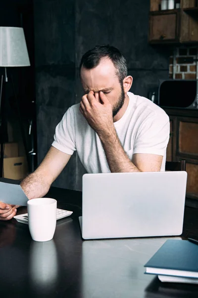 Depressed Young Man Touching His Eyes Holding Photo Card — Stock Photo, Image