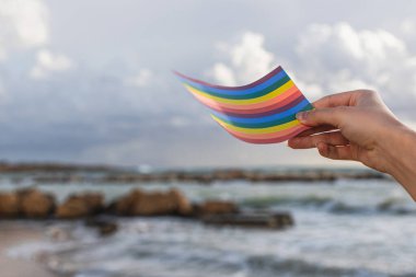 Denize yakın gökkuşağı lgbt bayrağı taşıyan bir kadın.