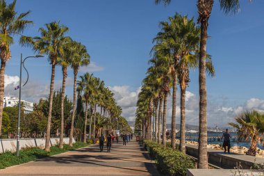 PAPHOS, CYPRUS - MARCH 31, 2020: people walking on promenade alley with palm trees 