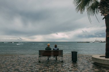 Deniz kenarındaki bankta oturan iki kişinin arka görüntüsü 