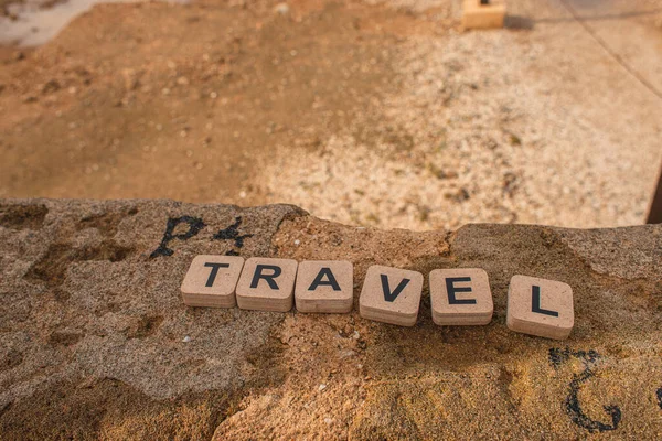 Wooden Cubes Travel Lettering Ancient Ruins Cyprus — Stock Photo, Image