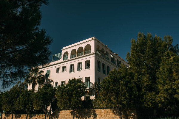 зеленые деревья рядом с современным домом против голубого неба
