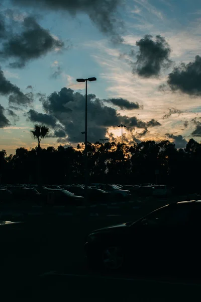 Voitures Modernes Sur Parking Pendant Coucher Soleil Dans Soirée — Photo