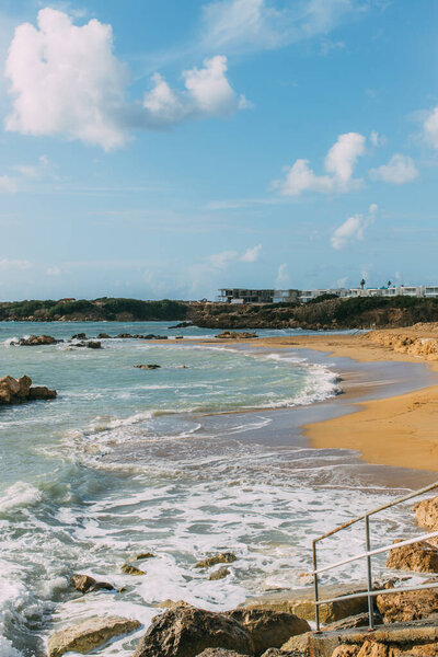 coastline and sandy beach near blue mediterranean sea 