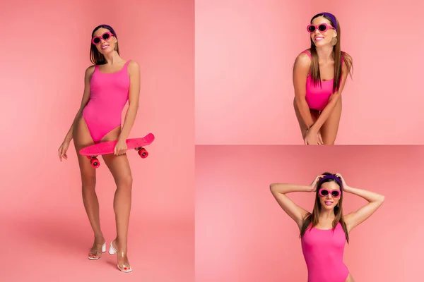 Collage of woman with penny board smiling, leaning forward and touching head on pink