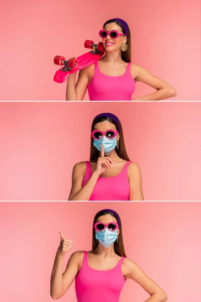 의료용 마스크를 소녀의 콜라주 엉덩이와 페니보드에 웃으며 색으로 고립된 목소리와쉿 — 스톡 사진