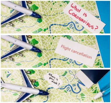 Collage of toy plane, cards with what is coronavirus, flight cancellation and where is your mask near passport on map on blue background clipart