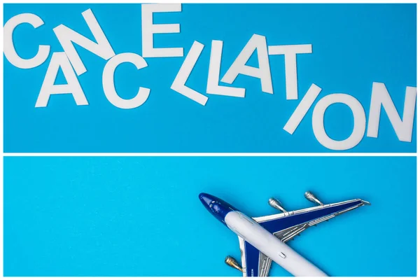 Colagem Cancelamento Letras Avião Brinquedo Fundo Azul — Fotografia de Stock