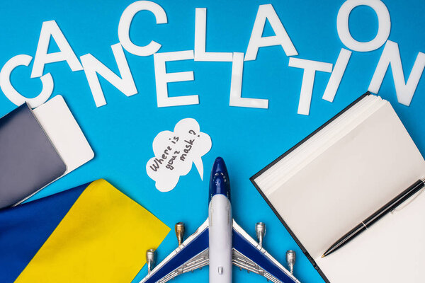 Вид сверху игрушечного самолета с маской на речевом пузыре, флагом России и паспортом на синем фоне
