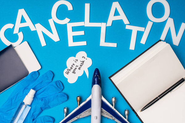 Top view of passport, latex glove near speech bubble with where is your mask lettering and toy plane on blue surface