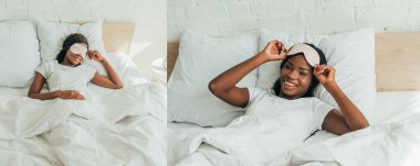 collage of african american girl sleeping, awakening and touching sleep mask while smiling at camera, panoramic orientation  clipart