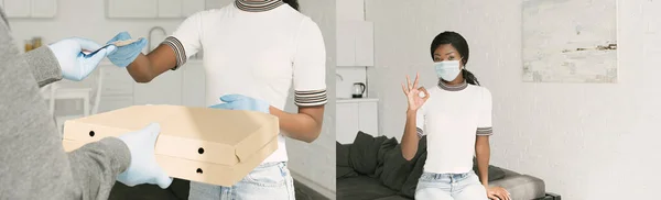Collage Chica Afroamericana Dando Dinero Repartidor Comida Mostrando Buen Gesto — Foto de Stock