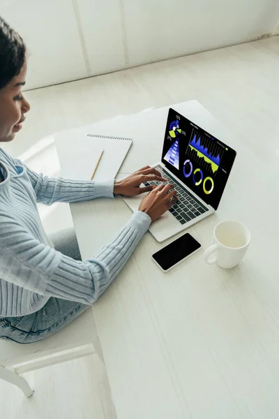 Visão Alto Ângulo Freelancer Afro Americano Usando Laptop Com Gráficos Fotografias De Stock Royalty-Free