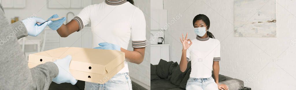 collage of african american girl giving money to food delivery man, and showing okay gesture in kitchen, panoramic shot