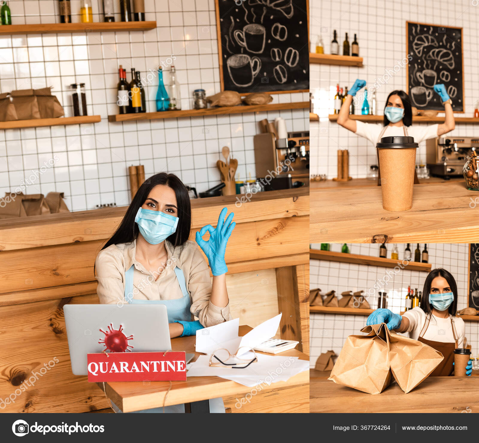 Kafe Sahibinin Kolajı Tamam Işareti Gösteriyor Tek Kullanımlık Kahve