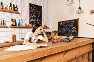 Kafe sahibi hesap makinesini kağıtların yanında tutuyor, kapalı harfli kart ve ödeme terminali masanın üzerinde.