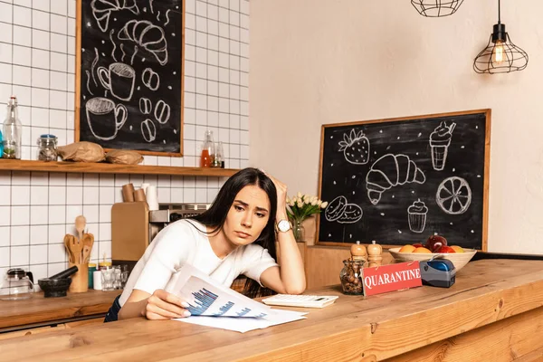 Cafe Owner Reading Document Calculator Card Quarantine Lettering Table — Stock Photo, Image