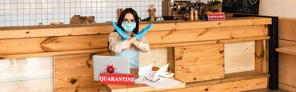 Website header of cafe owner in medical mask showing no sign at table with laptop, papers and card with quarantine inscription