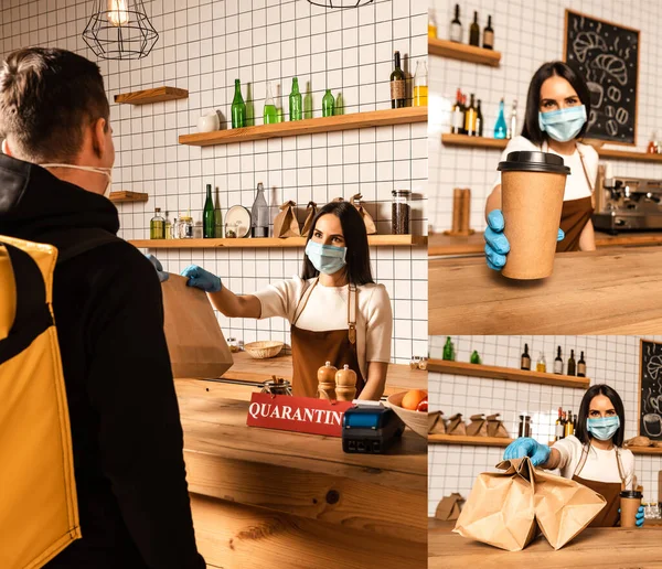 Tıbbi maskeli bir kafe sahibinin kolajı kuryeye kese kağıdı veriyor ve masanın yanında tek kullanımlık kahve gösteriyor.