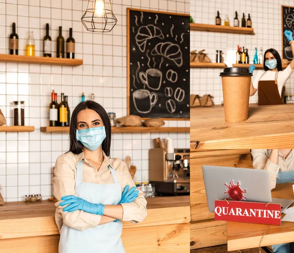 Colagem Proprietário Café Máscara Médica Com Braços Cruzados Perto Mesas — Fotografia de Stock