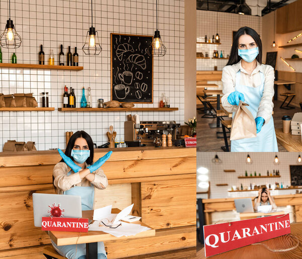 Collage of cafe owner in medical mask showing paper bag and no sign at table with papers, laptop and card with quarantine inscription
